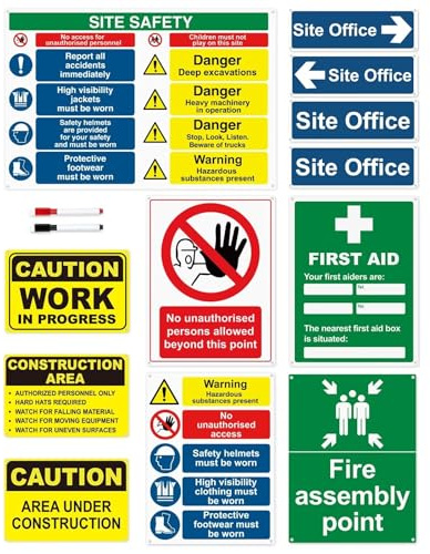 Construction Site Safety Signs - 14 Pack - Durable PVC Rigid Plastic, Weatherproof Health and Safety Building Site Signs, 4 Pre-Drilled Holes for Easy Installation