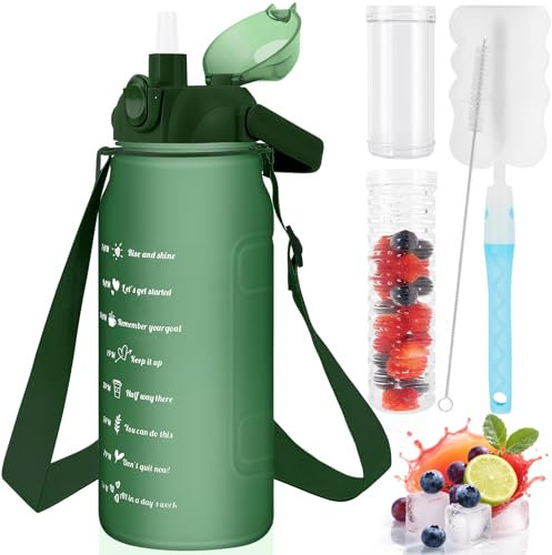 KETIEE Trinkflasche 2L 2 Liter Trinkflasche Wasserflasche 2 Liter mit Strohhalm & Verstellbarem Schultergurt & Früchtebehälter, BPA frei Auslaufsicher Sportflasche mit Zeitmarkierung,Transparent Grün
