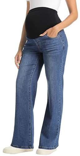 V VOCNI Women's Maternity Jeans Straight Leg Stretchy Pregnancy Jeans Wide Leg Denim Work Pants Dark Blue Large