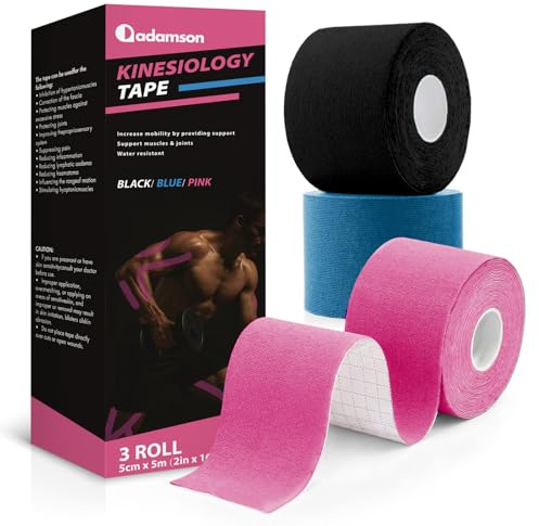 Adamson Tape Kinesiologico – Tape Sportivo Elastico 5 cm x 5 m – Senza Lattice, Resistente all’Acqua – Supporto Muscolare e Articolare – 3 Rotoli (Nero, Blu, Rosa) – Allenamento & Recupero