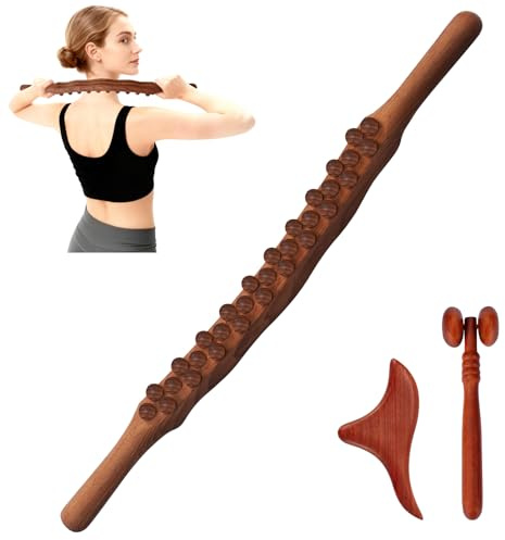 Bâton de Massage, Gua Sha Wooden Therapy Stab, Gua Sha Bois, Outils de Massage en Bois, Maderotherapie, avec 31 Perles Massag, pour Nuque, Dos, Abdomen, Jambes, Bras Cuisse Massag