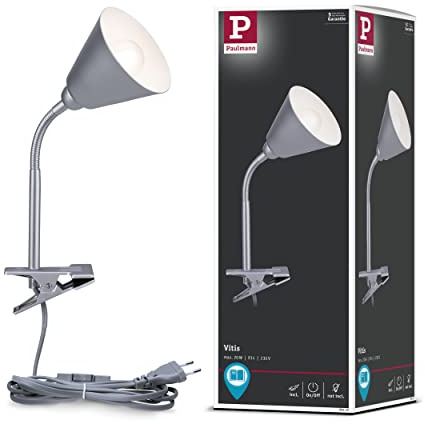 Paulmann 95432 Klämlampa Vitis med böjlig arm rund max. 20 watt sladdkontakt grå metall, plast E14 utan glödlampa
