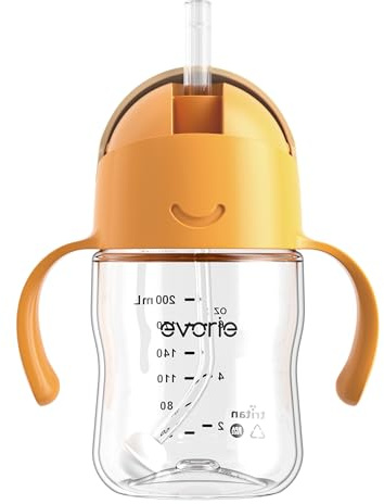 Evorie Tritan Weighted Straw Cup Baby Training Cup, Spill Proof, 7 Oz, 6M+ | BPA & BPS-Free, First learning cup, Drinking from any angle, Dishwasher safe, Easy to clean, Durable sippy cup