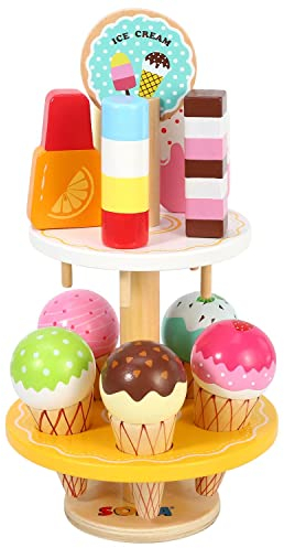 SOKA Wooden 16 Pieces Ice Cream Stand Popsicle Collection Pretend Role Play Set Game Colourful Variety Lolly Shop Food Stand Toy Set for Kids Children Girl Ages 3 year old +