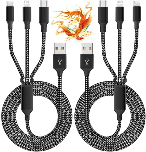 IDISON Multi Charging Cable(2Pack 4FT), 3 in 1 USB Charging Cable for Multiple Devices, Braided Universal Phone Charger Cord with Type-C, Micro USB, IP Port for iPhone17/16/14/Android Phones and More