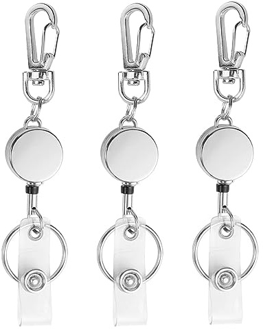 bolimoss 3 Pack Silver Badge Reel Retractable Metal ID Badge Holder with Belt Clip Key Ring for Name Card Keychain for Nurse,Volunteer,Teacher,Student (Silver)