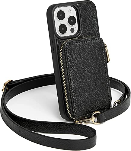 CUSTYPE Für iPhone 15 Pro Max Hülle mit Band, Hülle aus Mikrofaserleder mit Geldbörse und Kartenfach, Handykette Hülle Für Apple iPhone 15 Pro Max Schwarz 6,7”