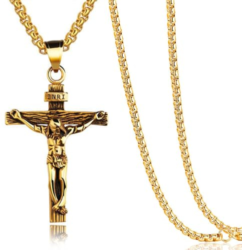 KSJEHW Cruz Collar Hombres Acero Inoxidable Jesús Crucifijo Colgante Collar con Cadena Veneciana 61CM（Oro）