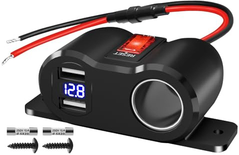 120W Divisor de encendedor de cigarrillos con doble salida USB, voltímetro LED/interruptor basculante, cargador de coche 12V adaptador de corriente enchufe hembra reemplazable para autocaravana