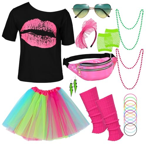 WERFORU Ensemble de tenues des années 80 pour femme - T-shirt, jupe en tulle, lunettes de soleil en forme de cœur, bandeau, gants en résille, collier, sac ventral, boucles d'oreilles, chauffe-jambes