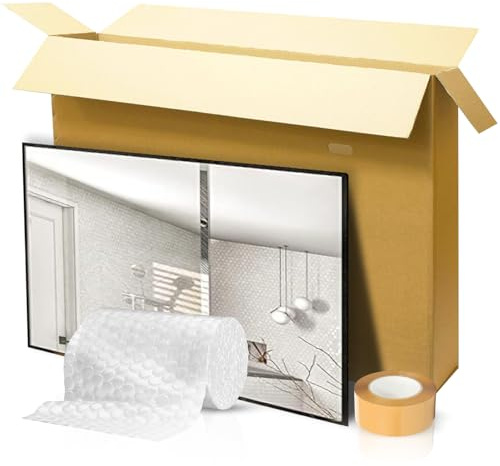 Mirror Packaging Box | Sturdy Double-Walled Cardboard with Handles | Includes 10m Bubble Wrap & Strong Tape Roll | Perfect for Shipping Mirrors, Frames & Paintings (Large)