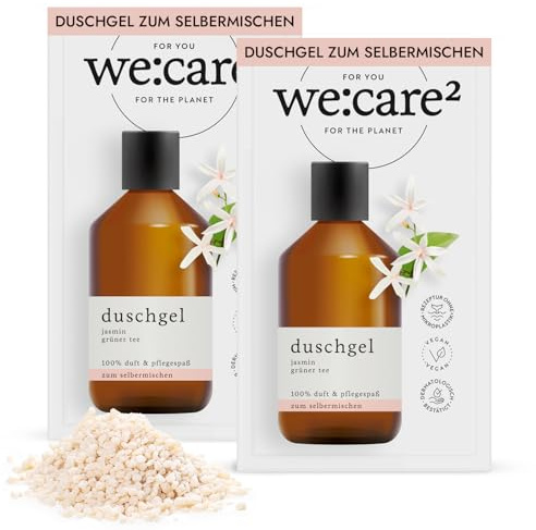 We:care² 2 x gel doccia in polvere (granuli) da mescolare al gelsomino/tè verde, 32 g produce 250 ml di sapone di ricarica sostenibile e vegano senza siliconi, parabeni e microplastica, polvere per