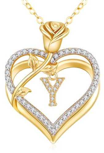 llyish Gold Necklaces for Women Heart Necklace with Rose Pendant Real 925 Sterling Silver/Brass Fine Jewellery Birthday Gifts for Women Her Girlfriend Wife Valentines Anniversary Mothers Day