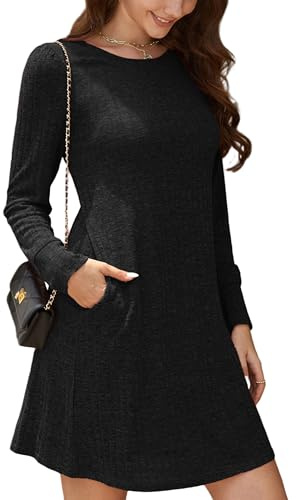 Enmain Ladies Knitted Jumper Dress Lightweight Long Sleeve Crew Neck Sweater Dress with Pockets, Casual Tunic Top for Autumn M Black