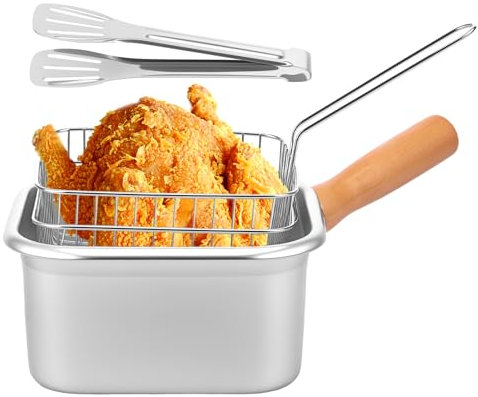 Freidora cuadrada con cesta, olla portátil de acero inoxidable, sartén para patatas fritas de acero inoxidable con mango antideslizante y escaldado, calentamiento rápido, utensilios de cocina para