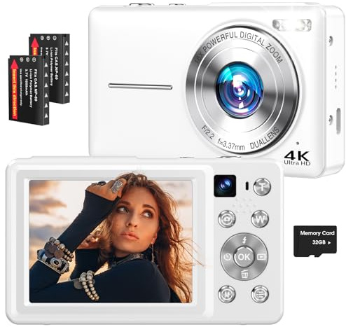4K Digital Camera, 64MP Autofocus Vlogging Camera with Dual Lens, 16X Digital Zoom YouTube Compact Travel Point Shoot Camera for Teens Beginner, Anti-Shake,2 Batteries, 32GB Card (White)