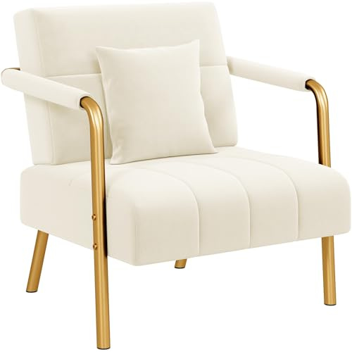 Yaheetech 1 Seater Modern Sofa Velvet Accent Armchair with Gold-tone Metal Arms and Legs for Bedroom, Home Office, Studio, Living Room Furniture Beige