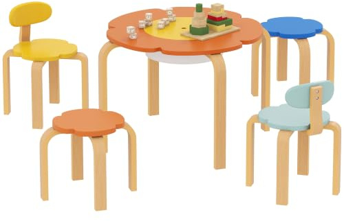 AIYAPLAY Set Assise Enfants Table avec Rangement 5 pièces Bois Coloré | Table et chaises enfants avec 4 chaises en forme de fleur, groupe d'assise pour chambre d'enfant, âges 3-8.