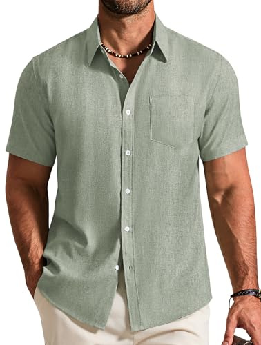 COOFANDY Mens Shirt Short Sleeve Casual Lightweight Summer Shirt Regular Fit Beach Top with Pocket Hellgrün S