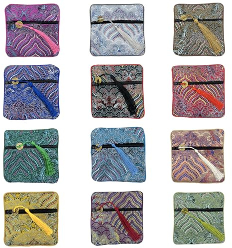 DUGYIRS 12 Pezzi Bustine per Gioielli con Cerniera,Bustina per Collane Ricamata Borsa da Festa Piccola Busta Regalo per Collane, Perle,Portafogli