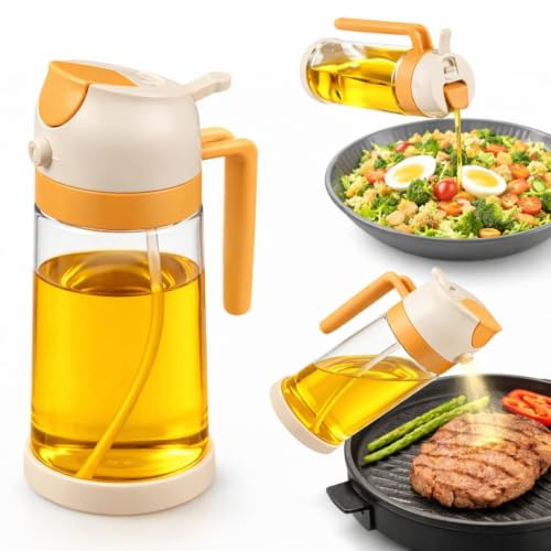 FENNEA Pulverizador de Aceite 470 ml 2 en 1 (Spray + Vertedor) - Botella de Vidrio con Boquilla de Acero Inoxidable - Dosificación Fina para Airfryer, Ensaladas, Plancha, Horno y Parrilla