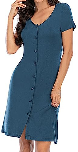 KBOPLEMQ Camicia da notte da donna, per la nascita, per l'allattamento, per la gravidanza, con abbottonatura, comoda, morbida, per il sonno, a maniche corte, pigiama da donna, Azzurro, S