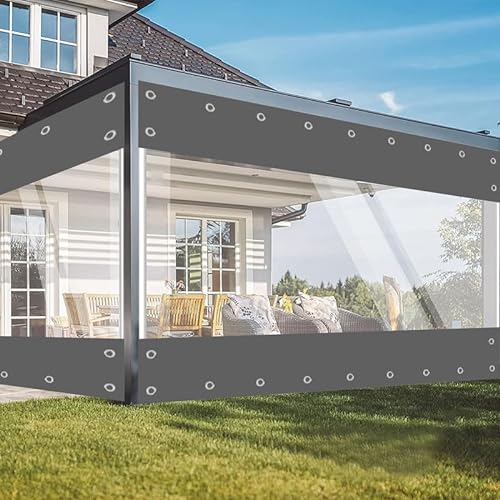 jianyana Outdoor Vorhang Mit 30Mm öSen, 650G/M² Plane Transparente Vorhang Wasserdichter Plane Trennvorhang für Draussen Garage FüR Outdoor-MöBel, Veranda, Pergola（Grau 2.1 * 2.4m）