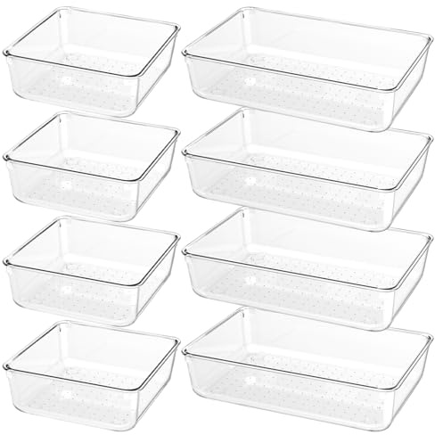 DUHARS 8 PCS Clear Plastic Drawer Organizer Tray, Acrylic Vanity Bathroom Drawer Organizers Trays, Desk Drawer Organizer Bins for Cosmetic, Makeup, Kitchen, Office, Junk Drawer Divider Organization