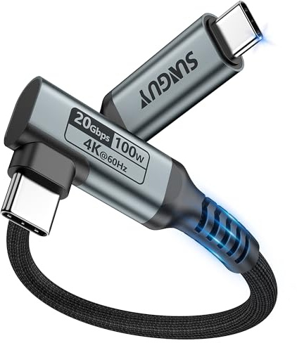 SUNGUY Cable USB C 90 Grados, 0.5M 20Gbps USB 3.2 Gen2x2 Tipo C 100W Carga Rápida, 4K@60Hz Transmisión De Vídeo, Para Portátil, Móvil, Monitor, Tableta, Android Auto