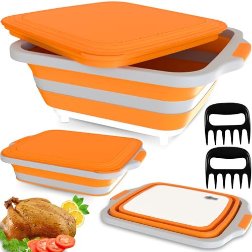 MAYALEAD BBQ Prep Tub with 2 Pcs Meat Shredder Claws, Collapsible Cutting Board, Cutting Board with Locking Lids, Drip Easy BBQ Prep Tub with lid-XL Size (Orange)