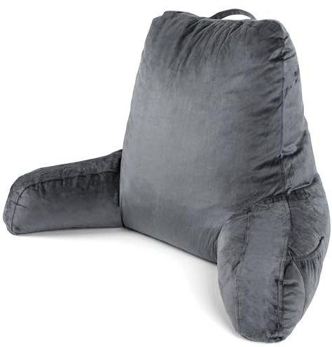Dreamcatcher Grey Reading Pillow, Large Shredded Memory Foam Cuddle Cushion with Backrest and Arm Support, Ideal for Back Support, Bed, Reading or Gaming Cushion, 3x Pockets and Washable Velvet Cover