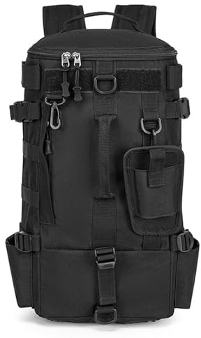 WIYETY Angelrucksäcke mit Rutenhalter Angelrucksack: 45 x 16 x 23 cm Wasserdichte Outdoor Angelrucksäcke mit Rutenhalter, Schwarz Multifunktional Militär Rucksack für Camping, Outdoor Sport, Angeln