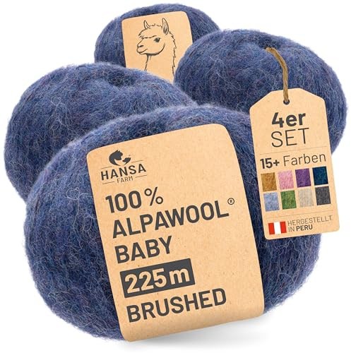 HANSA-FARM |Alpawool 100% Baby Alpaka Brushed 200g Set (4 x 50g) leichte und kratzfreie Wolle zum Stricken & Häkeln - HF236 Dunkelblau Melange