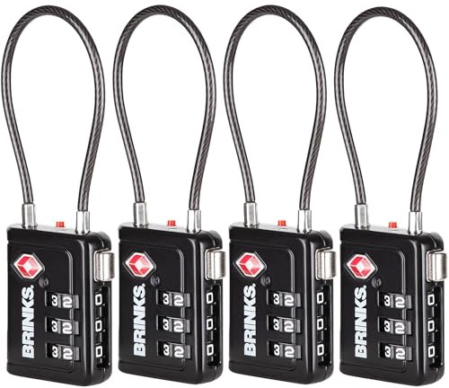 Brinks TSA Accepted Indicator Luggage Lock, Black - Resettable 3-Dial Combination, 2.5 inch Long Cable Shackle, New More Secure TSA008 Key, 4 Pack
