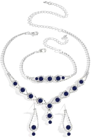 AOWVUTS 3PCS Juego de Boda Novia Joyas para Mujer Cristal Chapado en Plata con Collar Pendientes Pulsera Conjunto de Joyería Circonita Cúbica Compromiso Fiesta Dama de Honor Regalo Joyería (Azul)