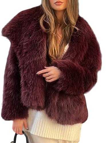 Yimoon Womens Faux Fur Coat Lapel Open Front Fluffy Shaggy Jacket Winter Warm Furry Overcoat(WineRed-M)