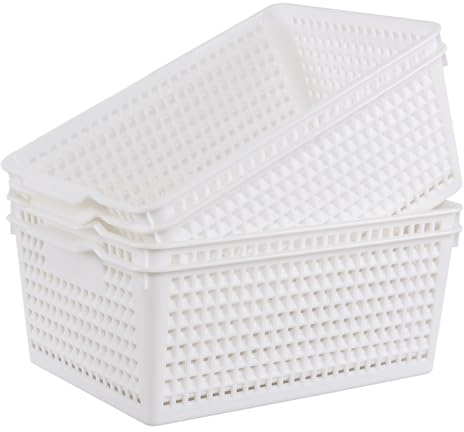 Innouse 4-Pack Large Plastic Storage Baskets, Kitchen Cupboard Storage Basket, White