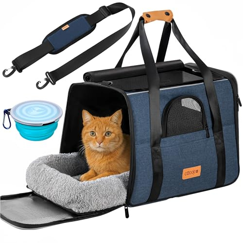 CADOCA® Transportbox Katzen bis 20kg faltbar Sonnen- und Regendach Schultergurt mit Napf Atmungsaktiv Komfortabel Wendekissen Haustier Katzenbox Tragetasche Hunde Auto Blau