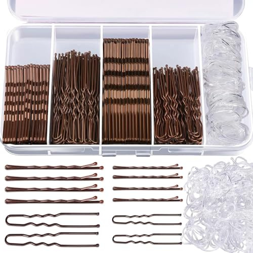 Set di 800 forcine Bobby Pins, piccole forcine francesi in metallo U, forcine per capelli trasparenti a forma di U ondulata, set di forcine e gommini con scatola di conservazione (marrone)
