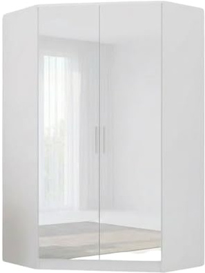GLAMORA High Gloss Corner Wardrobe with 2 Hanging Rails and 10 Shelves, MDF 2 Door Wardrobe for Bedroom with Spacious Storage, Modern Space Saving Design (White)