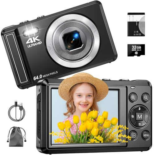 4K Digitalkamera mit 32 GB TF-Karte 64 MP Autofokus Fotoapparat mit 16X Digitalzoom Tragbar Kompaktkamera mit wiederaufladbare1200mAh Batterie, USB-Kabel, für Teenager Erwachsene Anfänger