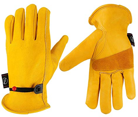 KIM YUAN Leder-Arbeitshandschuhe, genarbtes Rindsleder, mit Ball- und Band-Handgelenks-Verschluss, für Gartenarbeit, Hofarbeit, Bauernhof, Lager, Bau, Motorrad, Damen und Herren, gelb