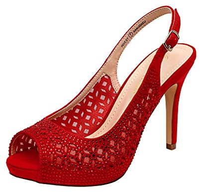DREAM PAIRS Women's High Heels Platform Dress Rhinestones Peep Toe Pumps Shoes,Size 7.5,Red/Suede,Invest