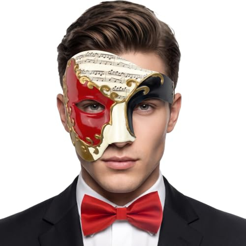 IncreDecor Maskeradmask för män Phantom of The Opera halv ansiktsmask med fluga, venetianska masker för halloweenfest