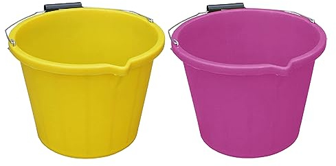 (Pink, Yellow) 14L Litre 3 Gallon Bucket with Grip Handle Heavy Duty Plastic Large Spout Measuring Guide Multipurpose Water Bucket for Cleaning, Bath, Gardening, Fishing, Painting, (Set of 2)