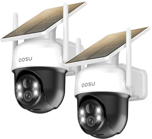 aosu 2 Paquets 2K Camera Surveillance WiFi Exterieure sans Fil Camera Solaire WiFi Exterieur, 3MP 360°Panoramique PTZ, Vision Vocturne, Alarme Lumineuse et Sonore, Audio Bidirectionnel