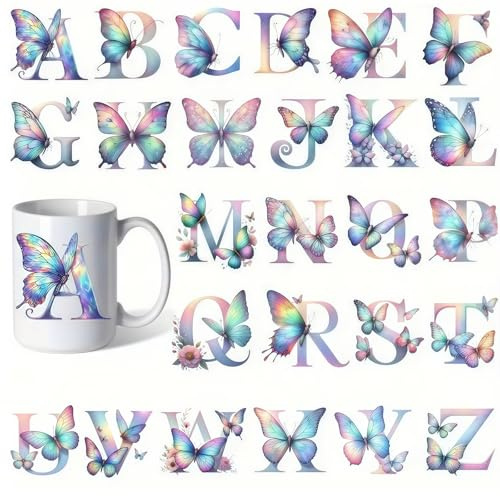 26 Set Letter Flower Butterfly UV DTF Cup Wraps Transfer Waterproof Sticker for Glass Cups Furniture Craft DIY Crafts，Rub on Transfer Stickers for DIY Water Bottle Laptop Decal Wood Car