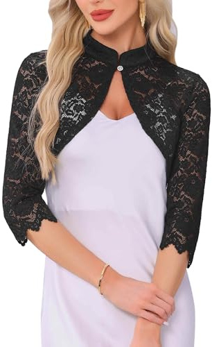 Allegra K Lace Bolero Shrug for Women 3/4 Sleeve Stand Collar Cardigan | Elegant Floral Lace, Open Front, Semi Formal, Cover Up for Dress