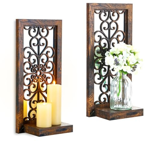 Walasis Farmhouse Wall Candle Holder Decor: Rustic Candle Sconces Set of Two for Pillar Candles - Brown Wooden Shelving for Fireplace Bathroom Hallway