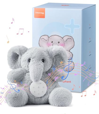 Dreamegg Einschlafhilfe Babys mit 21 Sounds & Aufnahmefunktion | Kuscheltier Baby mit Abnehmbares Soundmodul | Spieluhr Baby mit Timer | Geschenk Baby für Mädchen & Jungen, Maschinenwaschbar, Elefant